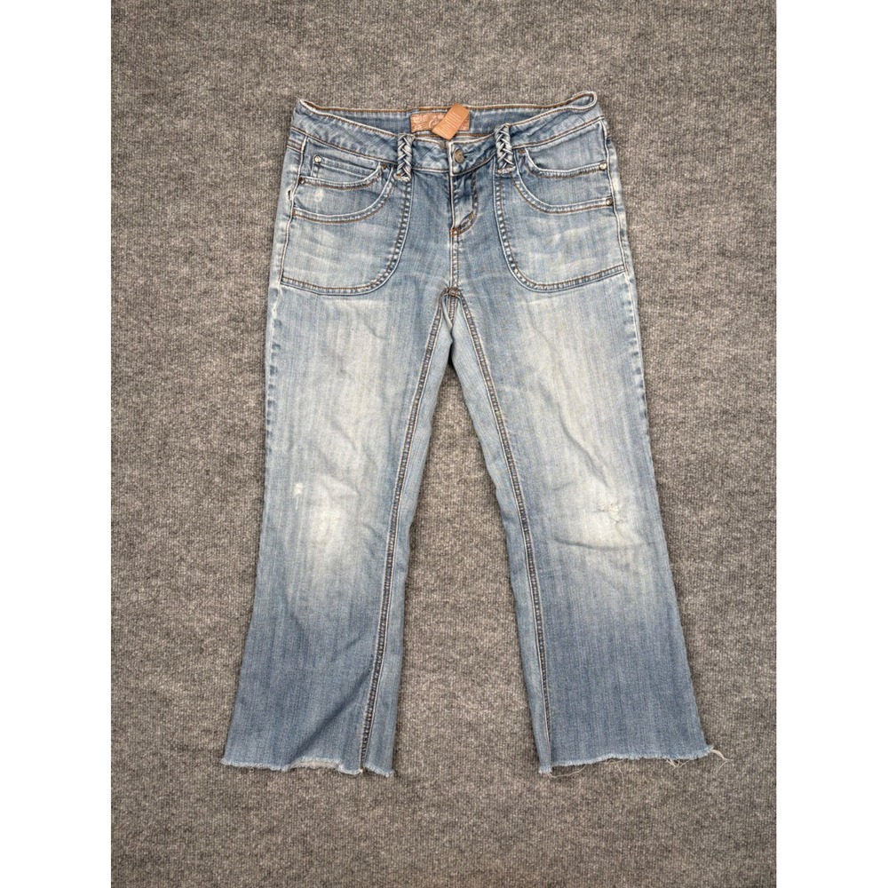 Candies Womens Size 7 Blue Light Wash Low Rise Flare Jeans Y2K Braided Raw Hem